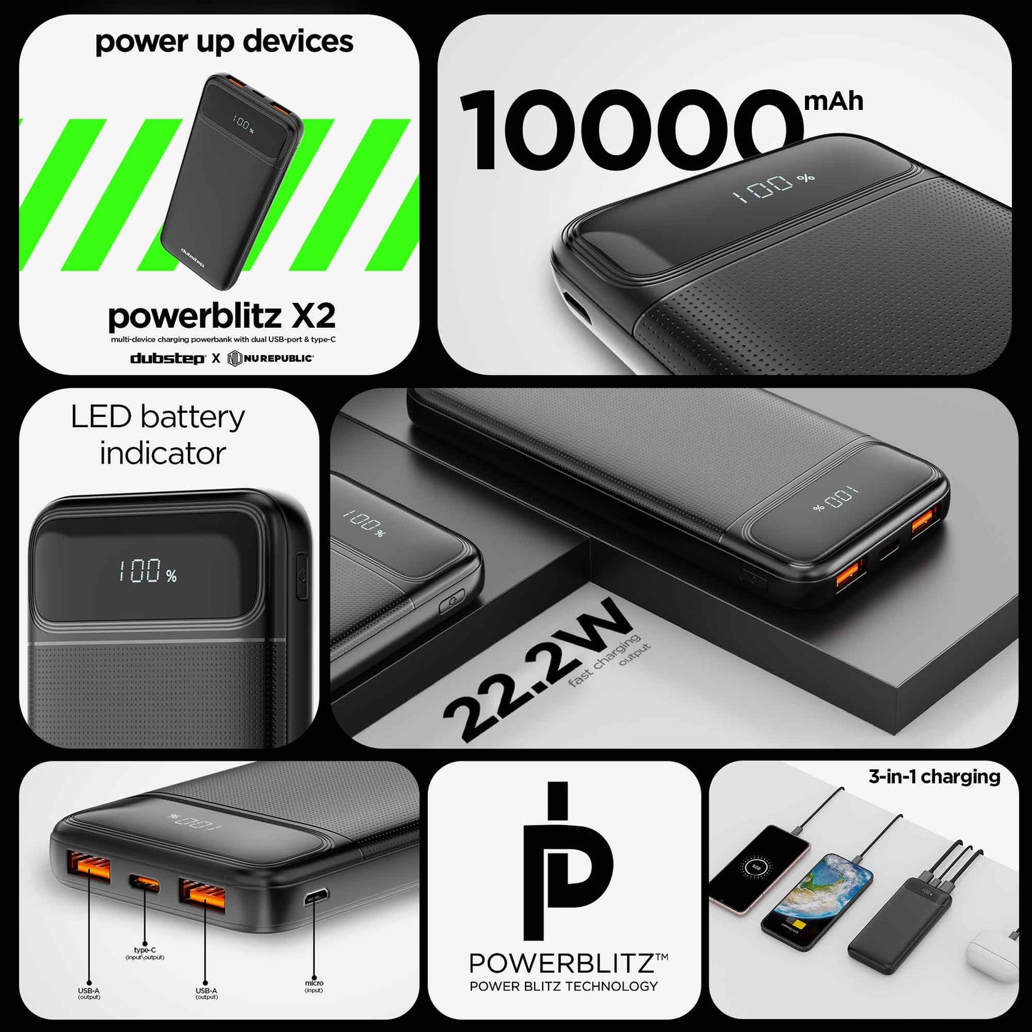 Powerblitz X2 multi-device charging powerbank with dual USB port & type-C