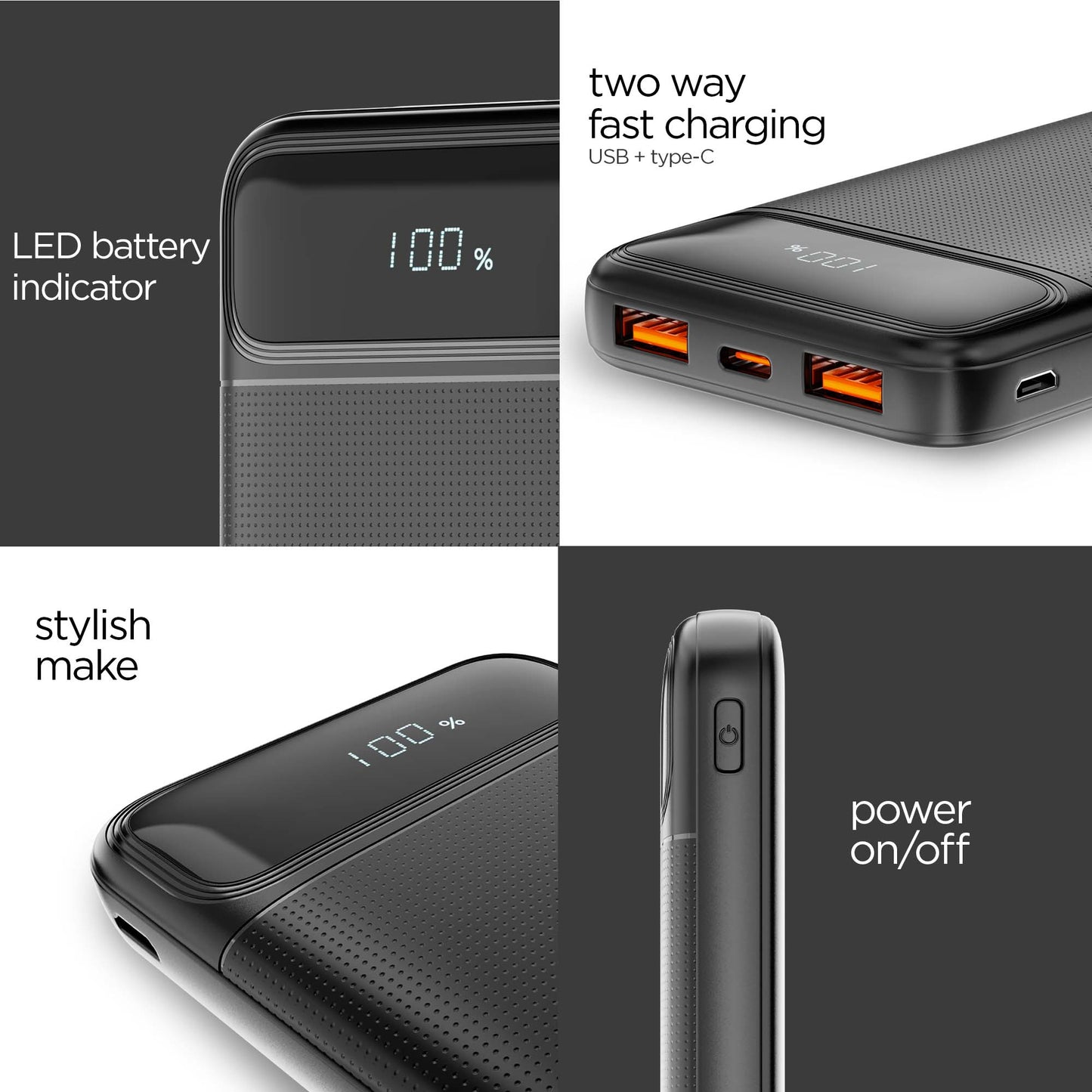 Powerblitz X2 multi-device charging powerbank with dual USB port & type-C