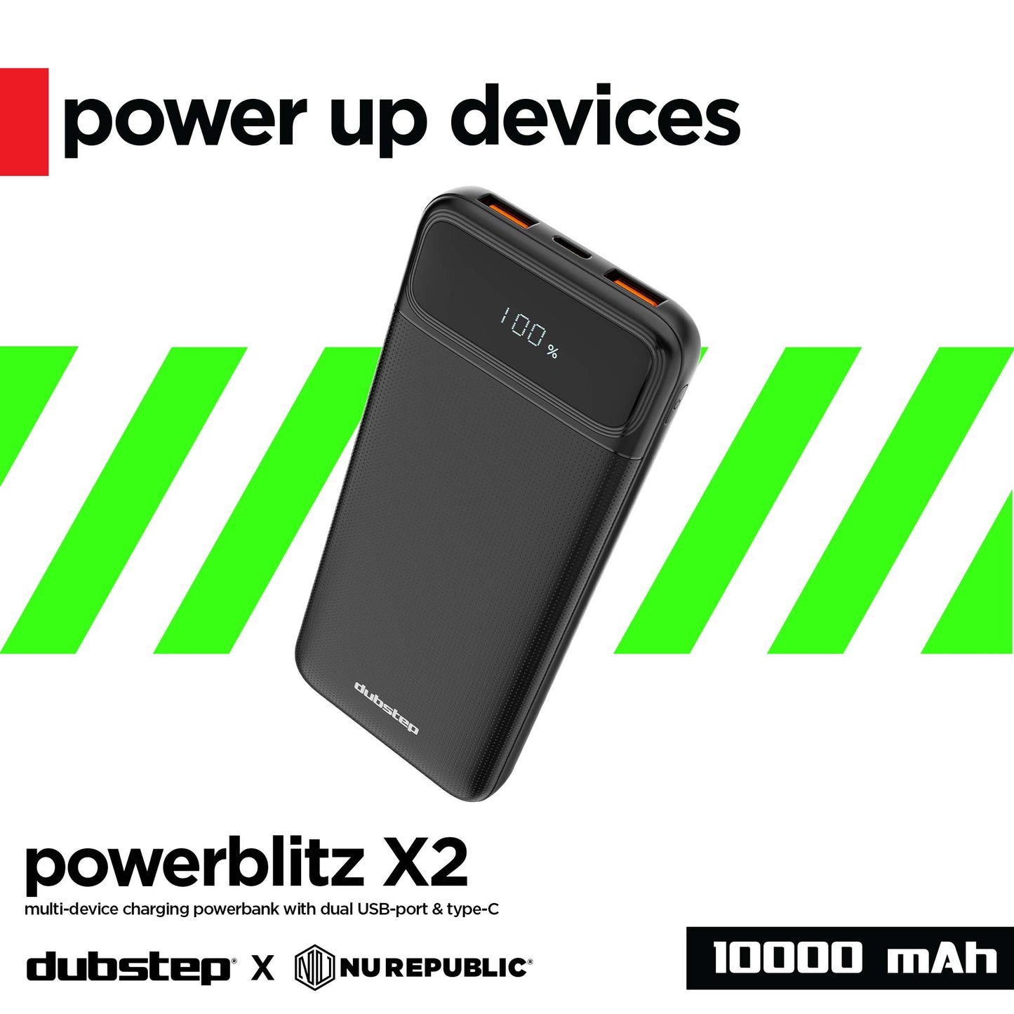 Powerblitz X2 multi-device charging powerbank with dual USB port & type-C