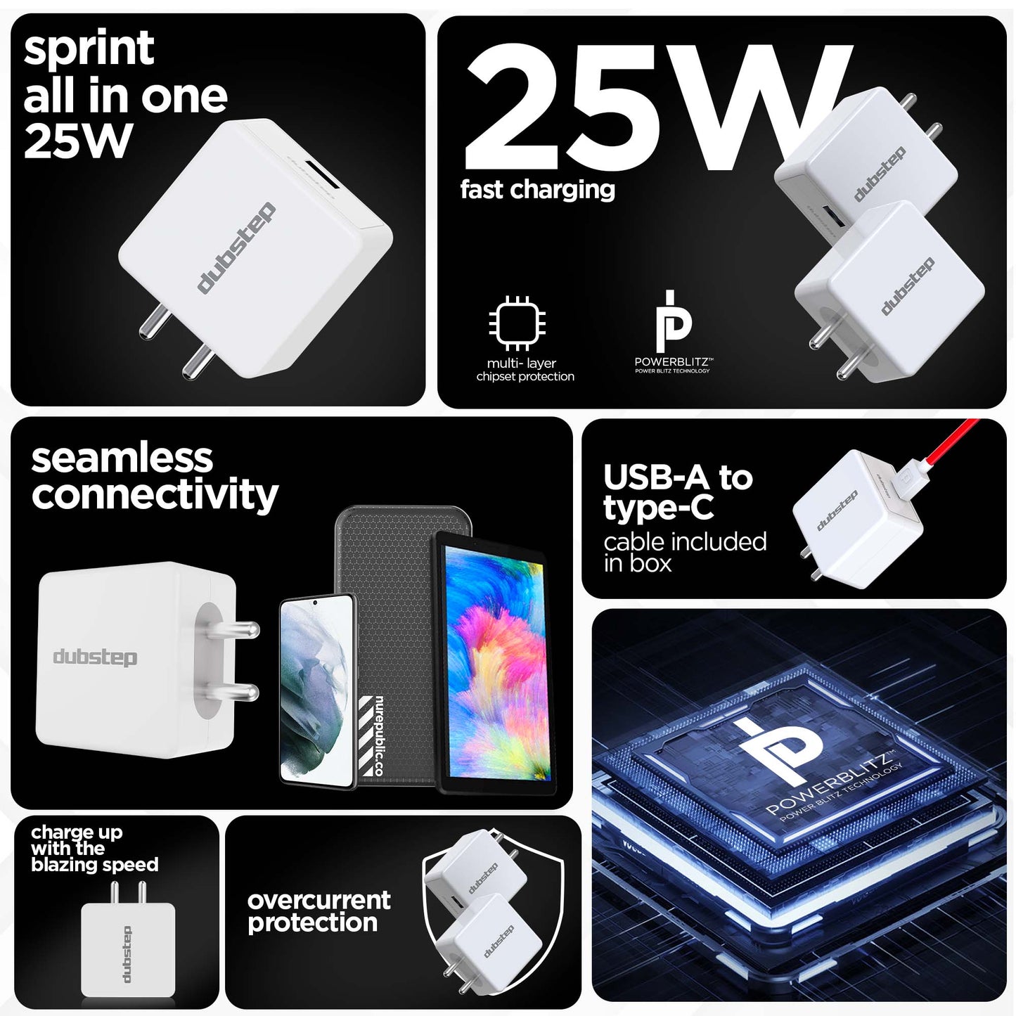 Sprint All In One 25W 5A Fast Charging Adapter with Cable (USB To Type-C)