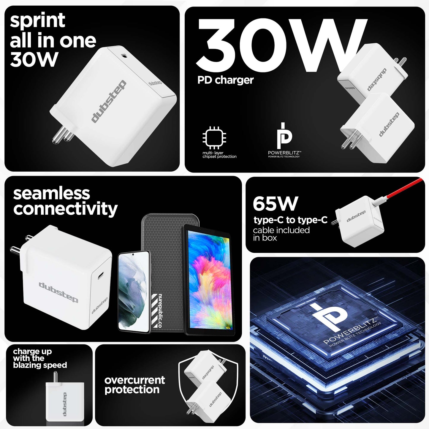 Sprint All In One 30W 6A Fast Charging Adapter with Cable (Type-C to Type-C)